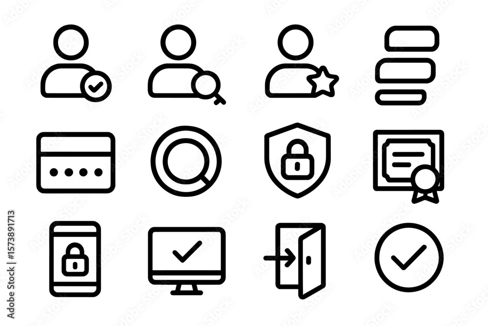 Poster simplified user interface icons for security and verification on dark background