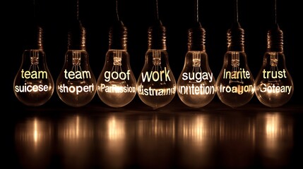 Illuminated bulbs with various words inside against a dark background and reflective surface