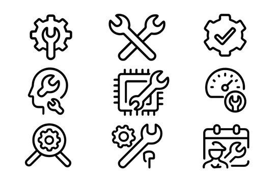 Comprehensive toolkit icon set featuring wrench and gear elements in linear style