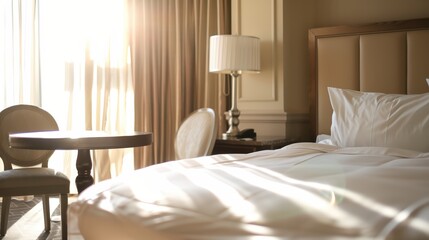 Obraz premium Elegant Hotel Room Interior, Neatly Made Bed with Crisp Sheets, Morning Light Filtering, Delicate Table and Chairs Set