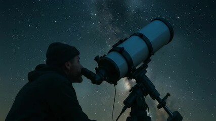 A person observing the night sky through a telescope, gazing at stars and celestial objects, embodying the wonder of astronomy and the beauty of the universe.