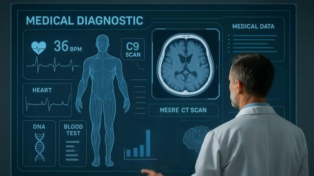 A medical professional analyzing diagnostic data on a digital screen, showcasing advanced technology in healthcare and patient monitoring for enhanced medical insights and treatmen