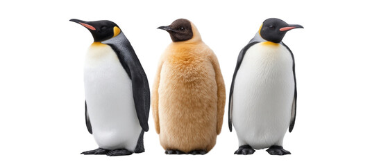 Obraz premium Three penguins standing together, showcasing their unique plumage and varying ages in a natural setting