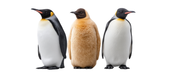 Three penguins standing together, showcasing their unique plumage and varying ages in a natural setting