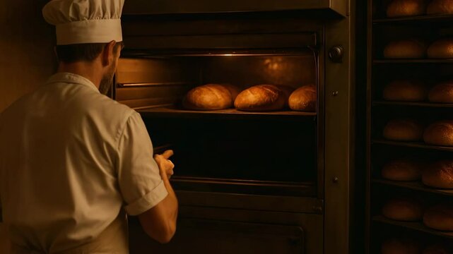 A skilled baker carefully retrieves freshly baked loaves of bread from a commercial oven. The warm glow of the oven highlights the artisanal texture and color of the bread.