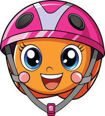 Fototapeta premium Smiling kawaii bicycle helmet with chin straps, cartoon sports gear vector on white background