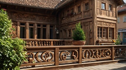Eastern European rustic terrace with hand-carved wooden railings