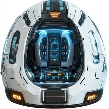 Futuristic escape pod illustration, spaceship interior, sci-fi technology, transport capsule concept art
