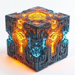 Futuristic glowing cube technology design abstract box render blue orange light energy sci fi object