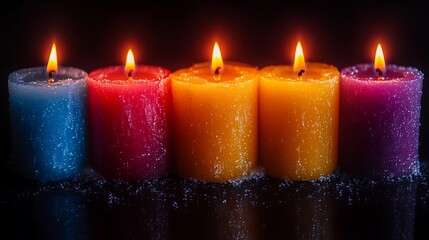 Row of colorful candles with burning flames on a dark background.