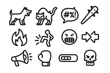 Dark themed icon set featuring animals, emotions, and objects in bold style