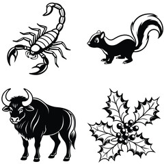 Vector art of a scorpion, a skunk, a bull, and holly are isolated on white background in this black and white illustration