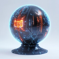 Futuristic glowing sphere tech ball with circuit design and digital display sci fi orb technology art