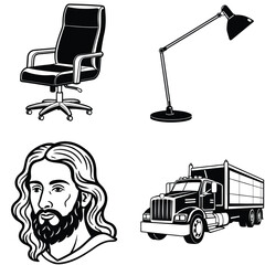 Vector art of an office chair, a lamp, , and a truck are isolated on white background in this black and white drawing
