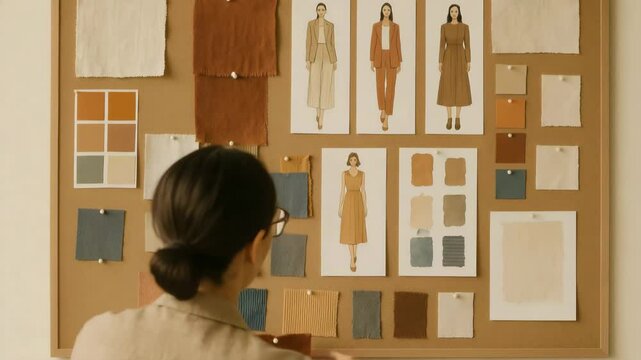 A woman curates a fashion mood board, arranging fabric swatches and design sketches