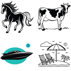 Vector art of a horse, a cow, a boat, and a beach are isolated on white background in this black and white illustration