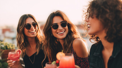 Happy young women friends enjoying summer cocktails on rooftop terrace at sunset. Cheerful group socializing with drinks wearing sunglasses. Perfect summer party lifestyle.