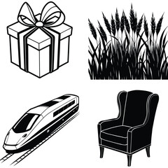 Vector art of a black and white illustration shows a gift box, wheat, a train, and a chair