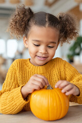Fototapeta premium Adorable curly-haired girl in yellow sweater playing with orange pumpkin, perfect Halloween and autumn seasonal concept for kids activities and family celebrations.