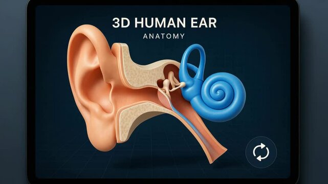 Detailed 3D illustration of the human ear anatomy, showcasing the external ear, ear canal, and inner structures. Perfect for educational purposes in biology and medical studies.
