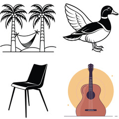 Vector art of a black and white illustration depicts palm trees with a hammock, a duck, a chair, and a guitar