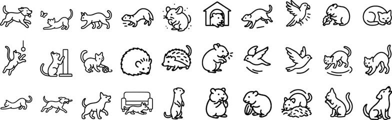 Pet and Animal Stroke Icon Collection. Featuring Cats, Dogs, Birds, Hamsters, and More. Editable Outline Vector Icons for Pet Care and Lifestyle Designs.