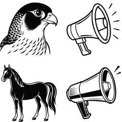Vector art of a black and white illustration showcases a falcon, two megaphones, and a horse