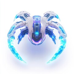 Futuristic drone design concept art for games and sci fi illustration with neon blue glow and white body