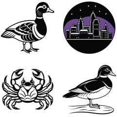 Vector art of a captivating vector illustration showcases a duck, crab, and cityscape, creating a harmonious blend of nature and urban elements