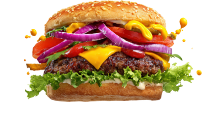 Big burgur made from natural organic meat and vegetables cooked in a josper for a festive party on a white background