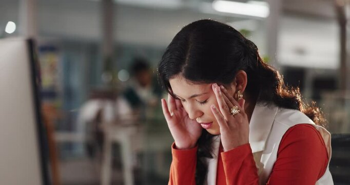 Woman, headache and night at office with computer, stress and fatigue with graphic design career at company. Person, migraine and pain with vertigo, exhausted and brain fog for job at creative agency