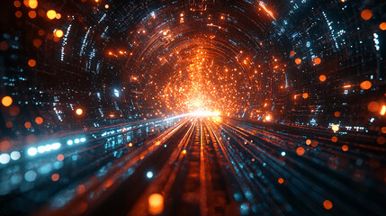 Fototapeta premium Abstract Digital Tunnel with Glowing Particles and Light Burst 2023