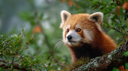Fototapeta premium A solitary animal gazes from a tree branch, surrounded by lush green foliage, showcasing its soft fur and expressive eyes.