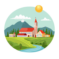 Cartoon Village Landscape with River, Mountains, and Church in a Sunny Day Scenery