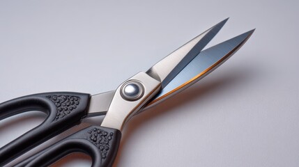 Obraz premium Scissors with a shiny blade and textured black handles resting on a light background.