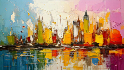 Seaside urban landscape. Abstract art with digital paint