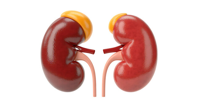 Photo of two human kidneys with adrenal glands and vascular connections isolated on transparent background