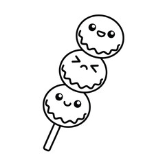 Cute Dango Skewer with Kawaii Faces in Black and White Lineart