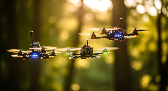 FPV drones racing in golden hour forest light	