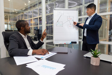 Two business men discussing the project details and looking involved