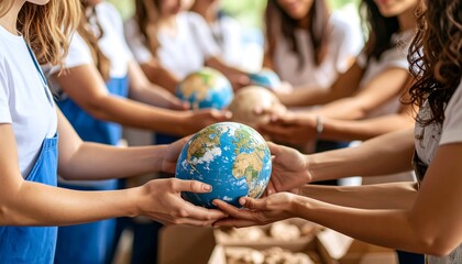 Diverse group holding globes, teamwork for global cause
