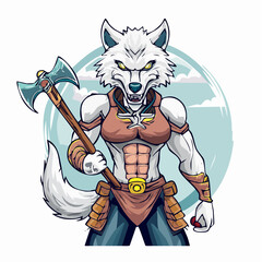 Vector anime werewolf warrior with a battle axe, featuring a muscular werewolf with a fierce expression, wearing tattered clothes and holding a weapon, perfect for a bold, action-packed T-shirt