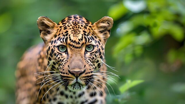 Fototapeta A close-up of a leopard with intense green eyes, capturing the wild beauty and strength of this majestic predator