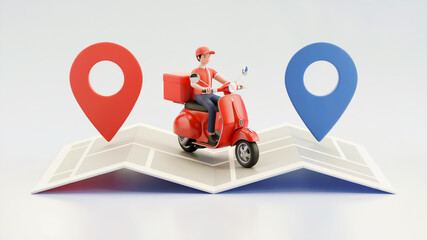 Delivery Service Map: Scooter with Pin Locations - 3D Render