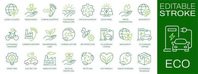 Eco icons, such as ecology, biodiversity, green, solar panel, leaf and more. Editable stroke.