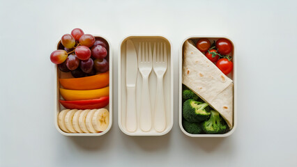 Healthy Bento Boxes with Fresh Fruits, Vegetables, and Utensils