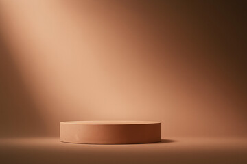 A simple beige cylinder pedestal is illuminated by a soft spotlight in a warm, minimalist studio