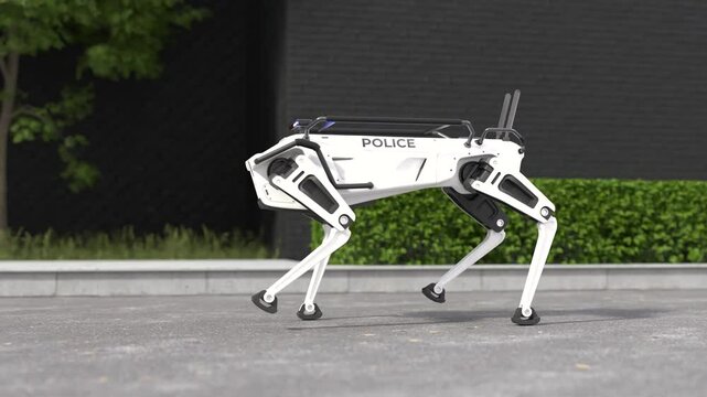Robotic police dog patrolling city streets, AI-powered robot dog in a smart city