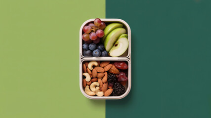 Healthy Snack Bento Box with Fruits, Berries, and Nuts