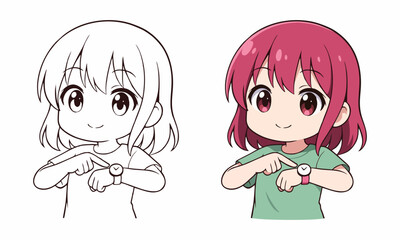 Obraz premium woman looking at watch coloring page for kids